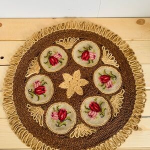 Handmade Cottage Core Round Braided Trivet with Floral Needlepoint